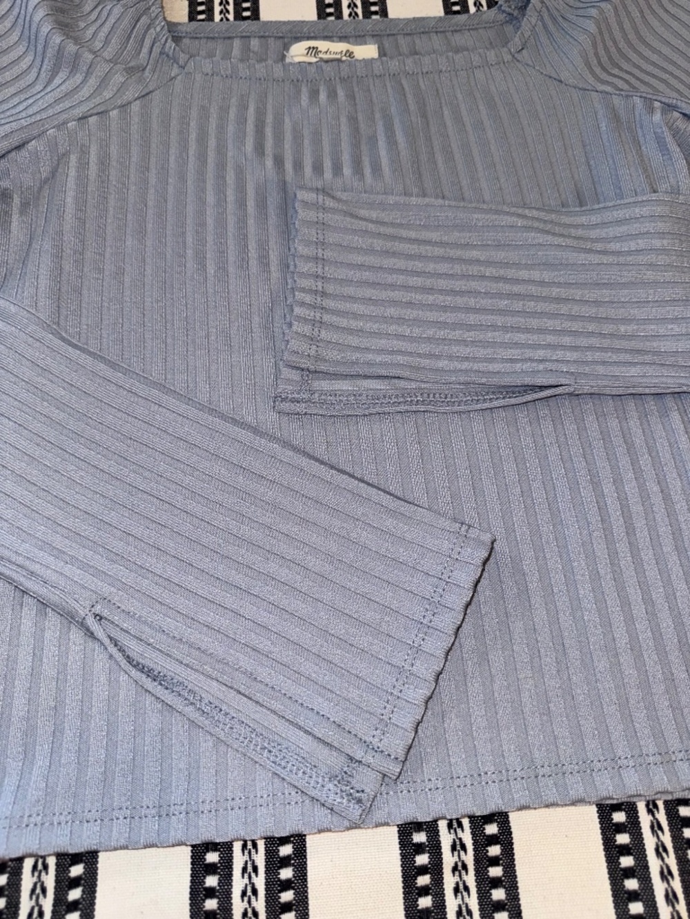 NWT, Madewell Ribbed Fitted Slate Blue Long-Sleeved Top, Off-The-Shoulder, M - Picture 11 of 12